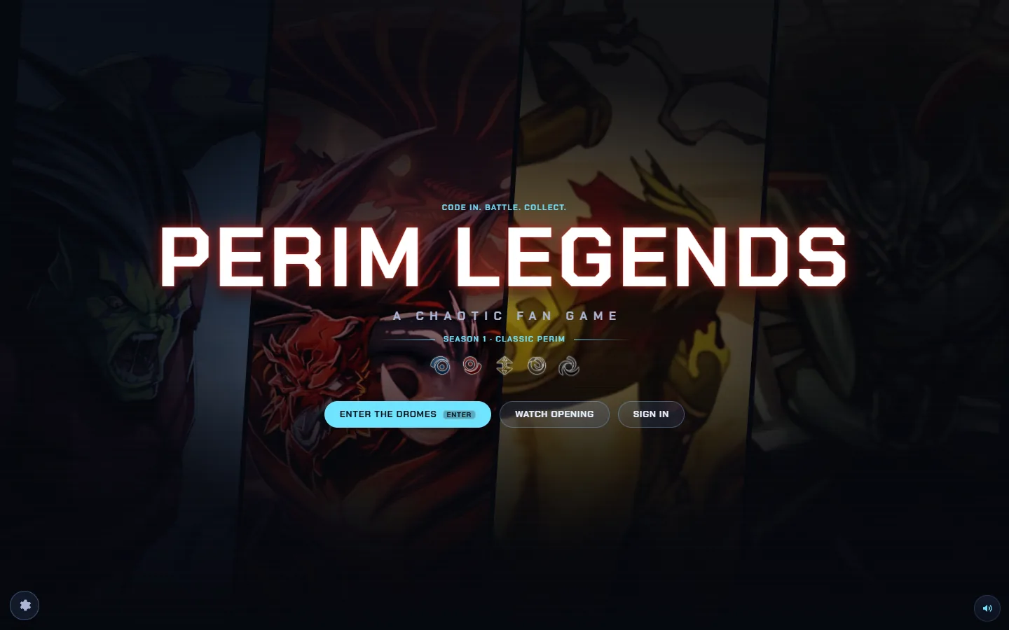 Perim Legends title screen: the game logo over blurred creature art, with Enter the Dromes, Watch Opening and Sign in buttons