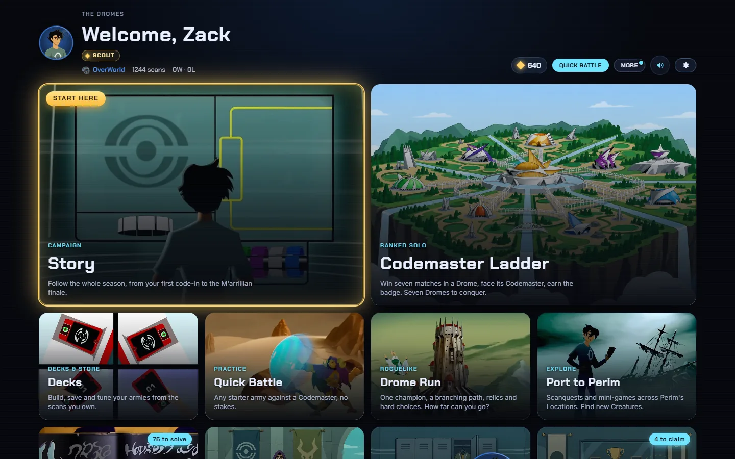 The Hub with tiles for Story, Codemaster Ladder, Decks, Quick Battle, Drome Run and Port to Perim