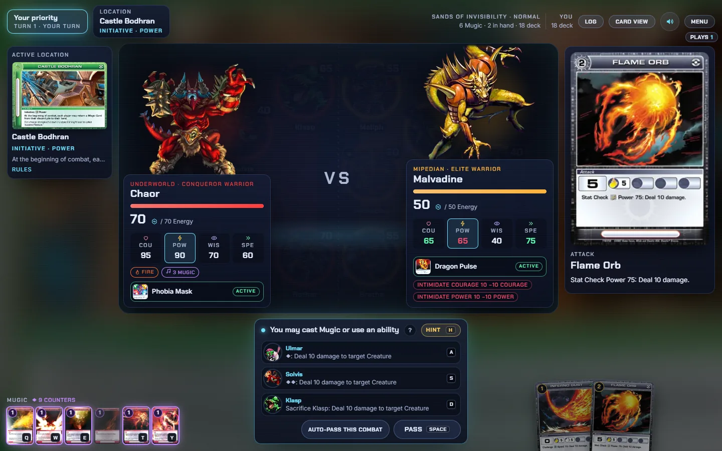 A battle in progress: two creatures face off while the player chooses whether to cast Mugic