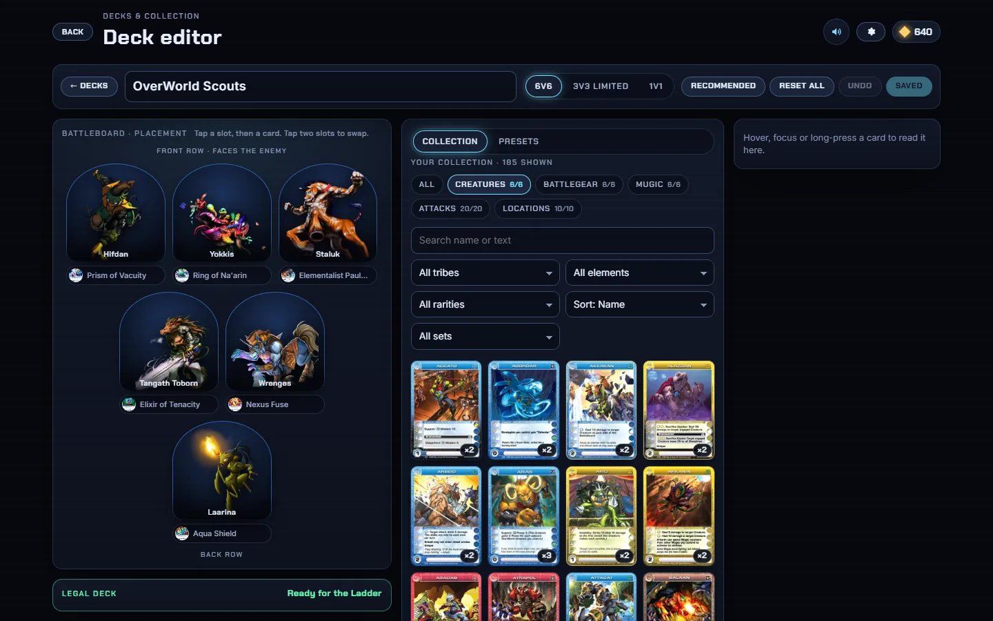 The deck editor: a six-creature battleboard on the left and the player's collection of cards on the right