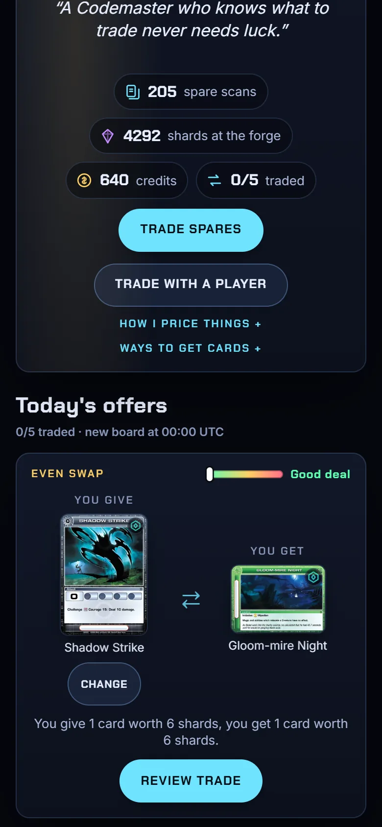 The Trade Post on a phone screen showing an even swap offer