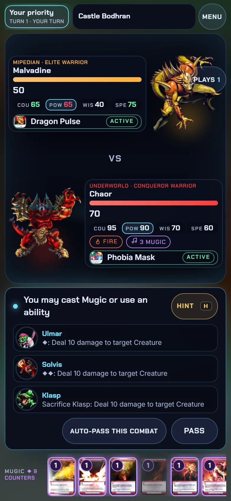 A battle on a phone screen with a Mugic choice open
