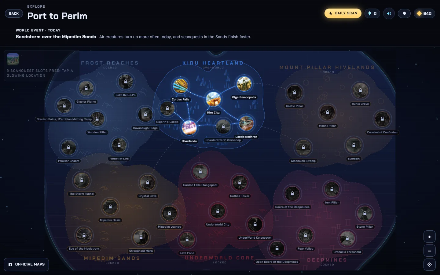 The Port to Perim map with the Kiru Heartland region unlocked and other regions locked